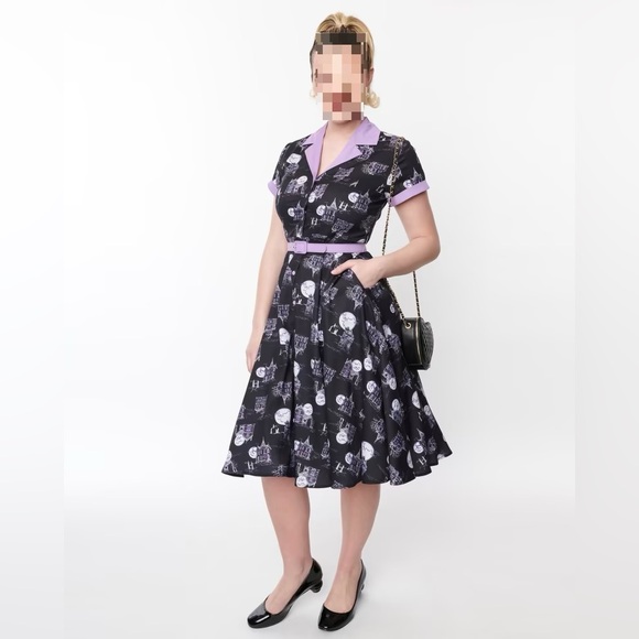 💜 HAUNTED HOUSE HALLOWEEN PINUP SWING DISNEY HOUSEWIFE DRESS NWT - Picture 1 of 11